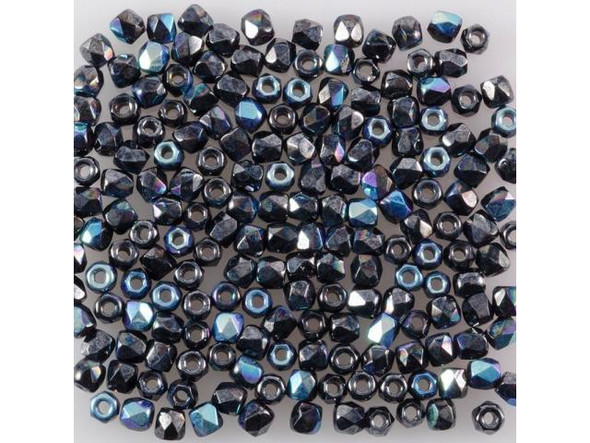 2mm Round Fire-Polish Czech Glass Bead - Jet Hematite AB (Card)