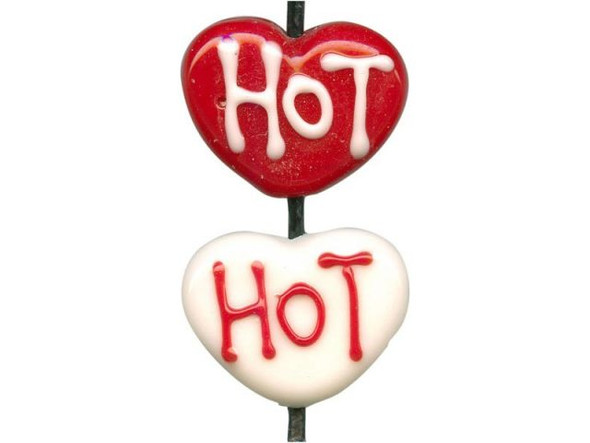 Lampwork Handmade Glass Beads, "Hot" Hearts - Red/ White (strand)