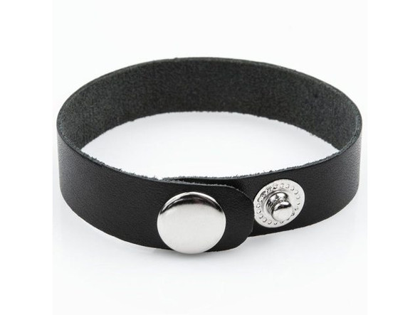 Leather Cuff Bracelet, 15mm - Black/ Silver (Each)