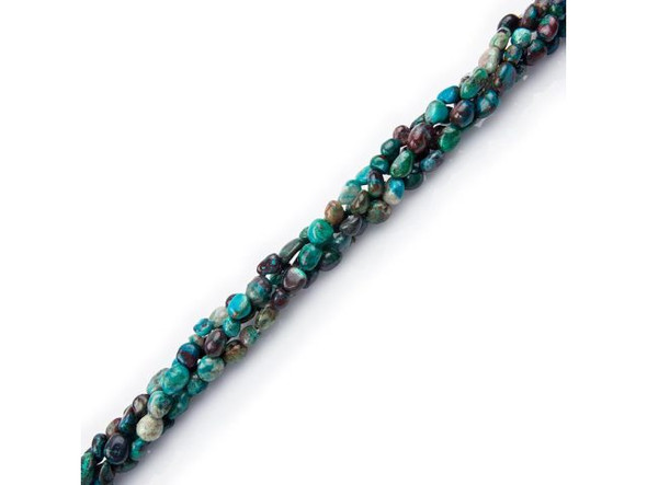 Chrysocolla is a hydrated copper phyllosilicate mineral, in shades of green, blue, blue-green, black and brown. It is commonly found in copper mines. Pure chrysocolla is soft and fragile. However, most chrysocolla beads are in a matrix of rock crystal (clear quartz) or silica, and have physical properties closer to that of quartz.The name comes from the Greek chrysos, meaning "gold," and kolla, meaning "glue," due to its use as a flux to solder gold around 300 BC. The bluer shades of Chrysocolla are popular for the throat chakra, and are believed to promote clear communication and provide the courage to express oneself. The greener shades of Chrysocolla are popular for opening the heart chakra. The blue-green combination is believed to empower one to communicate in a clear, loving way. Please see the Related Products links below for similar items, and more information about this stone.