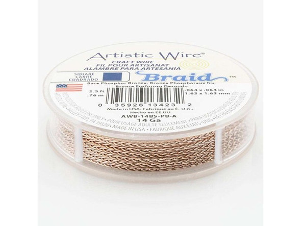 Artistic Wire Jewelry Wire, Square Braid, 14ga, 2.5ft - Bare Phosphor Bronze (Each)