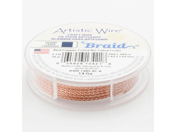 Artistic Wire Jewelry Wire, Square Braid, 14ga, 2.5ft - Bare Copper (Each)