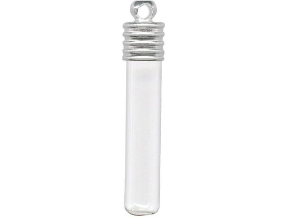 Glass Vial Information  Three-piece sets: a vial, a rubber stopper and a silver-plated cap. Use superglue to attach the cap. For oils and other liquids, use the stopper. These can be used to display grains of rice, small gemstone chips, gold flakes, spices, volcanic ash, etc. When writing on rice, jasmine rice is recommended. Use a fine-tip, waterproof and fade-proof pen from an art store, or the fine arts department of a craft store. 0.005 is a good line width for the pen. Baby oil is commonly used as the liquid for rice vials. It is often dyed with food coloring. Sizes listed are approximate and include cap, which adds about 6mm to height. The loop has a 2.5mm hole; fits rattail, leather, etc. The top of the glass tube is sometimes a bit rough. These are handmade, so expect some variance in size and shape. You only need to use the rubber stopper for spillable materials. Although the stopper fits well inside the vial, its top is a bit wide for the metal cap; to use the stopper, you might need to snip a bit off the edges of the top (wire cutters work well).   See Related Products links (below) for similar items and additional jewelry-making supplies that are often used with this item.