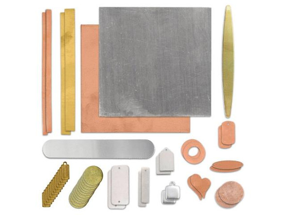 More information about each included item:#64-980-24  24-gauge 6x6" Raw Copper Sheet#64-981-24-25  24-gauge Raw Copper Sheet, 6x1/4" strips#64-991-24-50  24-gauge Raw Brass Sheet, 6x1/2" strips#64-970-24  24-gauge 6x6" Aluminum Sheet#44-772-34  Aluminum Bracelet Blank, 14-gauge, 1x6"#44-772-33  Blank, Rectangle Tag w/ 2 Holes, Aluminum, 20-gauge, 1-5/8x7/8"#44-780-01  Blank, Dog Tag, w/ Hole, Raw Copper, 24-gauge, 30x16mm#44-740-07  Blank, Tag w/ Hole, Alkeme, 18-gauge, 7/8"#49-950-23-3  Charm, Square Tag w/Loop, Silver Plated Pewter 12x9mm#44-498-0  Disk, Round, Raw Brass, 24-gauge, 19mm#44-411-0  Blank, Rectangle w/ Loop, Raw Brass, 24-gauge, 13x6mm#44-780-10  Copper Blank, Artsy Heart, 24-gauge, 16x13mm#88-102-03-7  Vintaj Artisan Copper Blank, 25mm Circle with Hole#44-786-42  ImpressArt Brass Bracelet Blank, Tapered, 6x5/8"  See Related Products links (below) for similar items and additional jewelry-making supplies that are often used with this item.