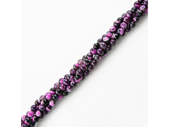 Black / Fuchsia Fired Agate Gemstone Beads, 8mm Faceted Round (strand)