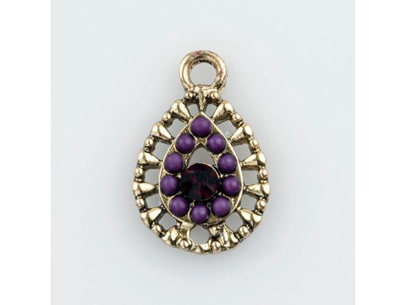 Embellished Crown Jewel Filigree Teardrop Charm - Antiqued Gold Plated (Each)