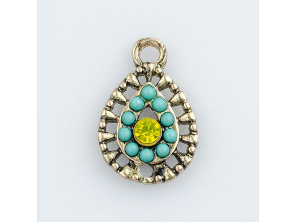 Embellished El Sol Filigree Teardrop Charm - Antiqued Gold Plated (Each)