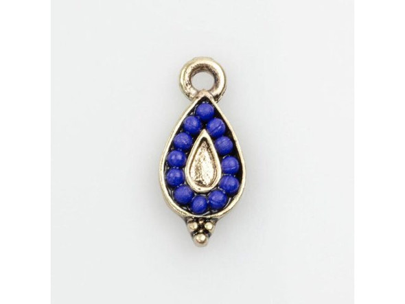 Embellished Indigo Beaded Teardrop Charm - Antiqued Gold Plated (Each)