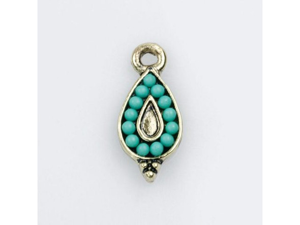 Embellished Turquoise Beaded Teardrop Charm - Antiqued Gold Plated (Each)