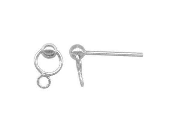 Sterling Silver Ball Earring Post Findings, with Ring with Loop, 3mm (10 pair)