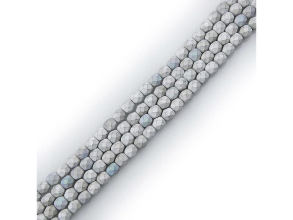 Czech Glass Bead, Firepolish Round, 6mm - Glittery Matte Silver (strand)