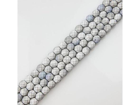 8mm Round Fire-Polish Czech Glass Bead - Glittery Matte Silver (strand)