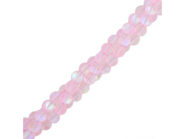 Fused Glass 6mm Round Bead, Matte Translucent Pink AB (strand)