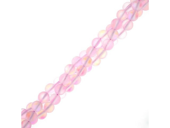 Fused Glass 6mm Round Bead, Matte Translucent Pink AB (strand)