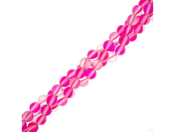 Fused Glass 6mm Round Bead, Matte Translucent Fuchsia AB (strand)