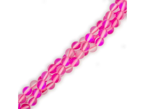 Fused Glass 6mm Round Bead, Matte Translucent Fuchsia AB (strand)