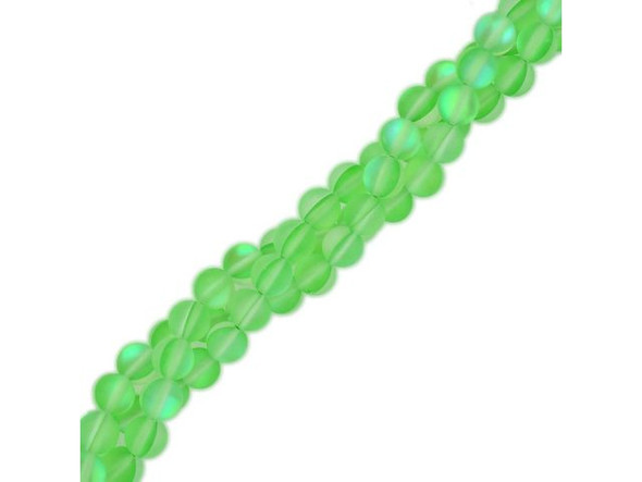 Fused Glass 6mm Round Bead, Matte Translucent Green AB (strand)