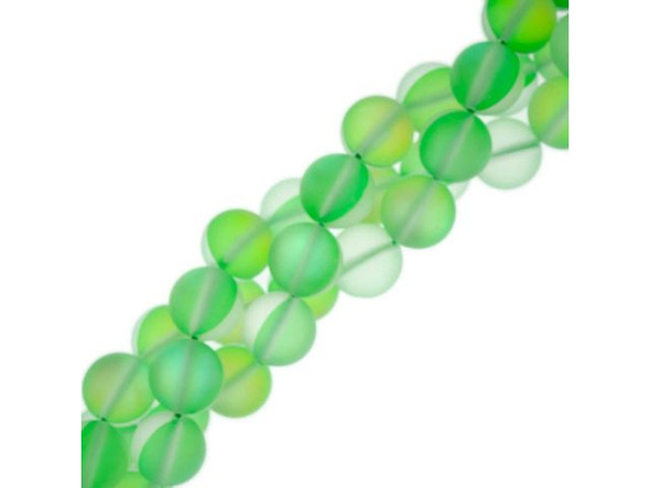 Fused Glass 10mm Round Bead, Matte Translucent Green AB (strand)