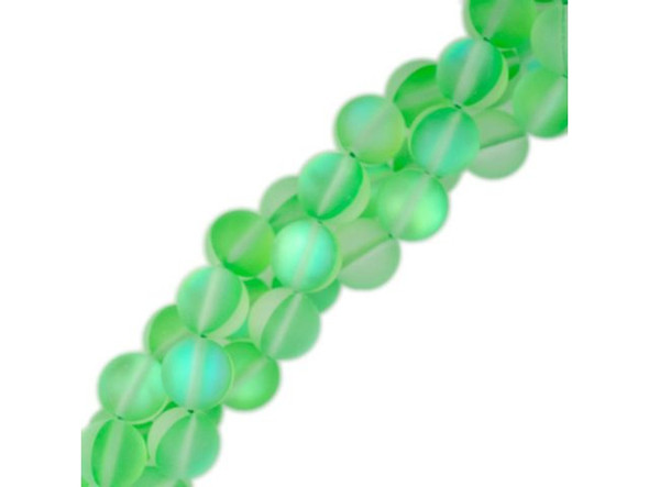 Fused Glass 10mm Round Bead, Matte Translucent Green AB (strand)