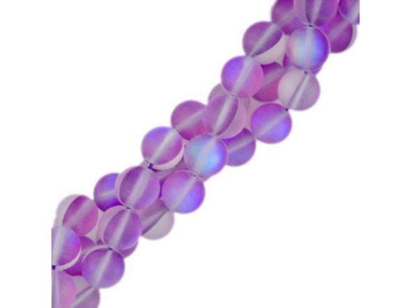 Fused Glass 10mm Round Bead, Matte Translucent Violet AB (strand)