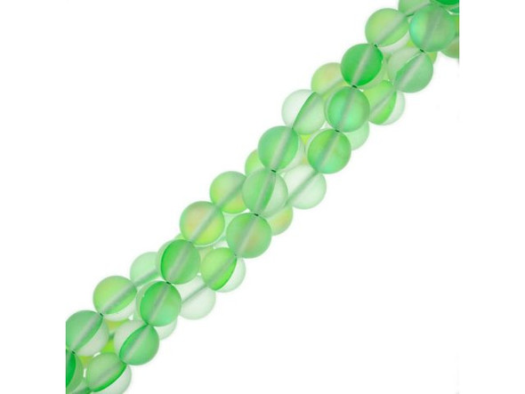 Fused Glass 8mm Round Bead, Matte Translucent Green AB (strand)