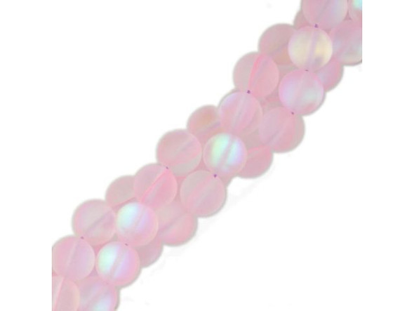 Fused Glass 10mm Round Bead, Matte Translucent Pink AB (strand)