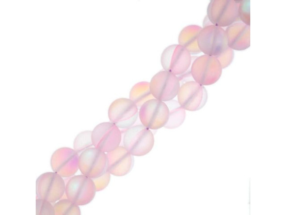 Fused Glass 10mm Round Bead, Matte Translucent Pink AB (strand)