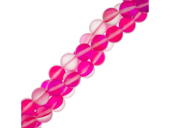 Fused Glass 10mm Round Bead, Matte Translucent Fuchsia AB (strand)