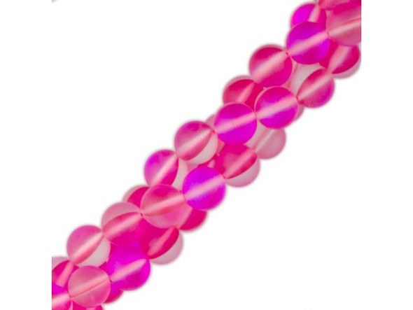 Fused Glass 10mm Round Bead, Matte Translucent Fuchsia AB (strand)