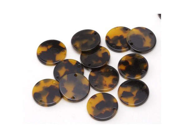 Acetate Coin 2-hole Connector, 20mm - Tortoise Shell (Each)