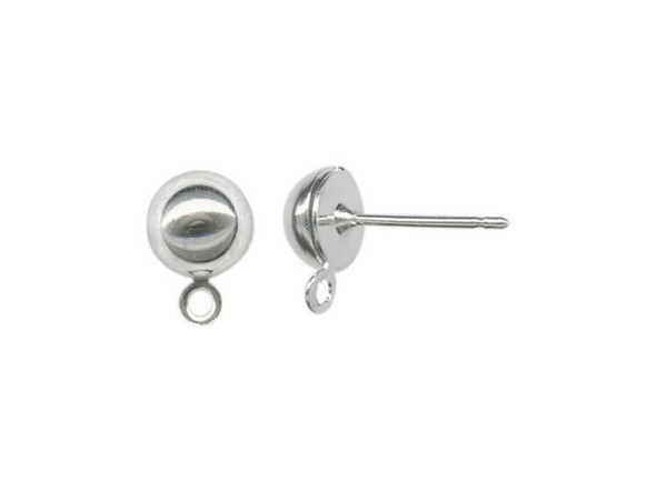 White Plated Stainless Steel Earring Post Finding w Loop / 6mm Half Ball (72 pcs)