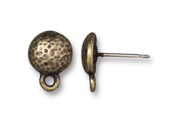 TierraCast Round Hammertone Post Earring w Loop - Antiqued Brass Plated (pair)