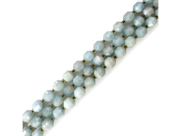 Aquamarine belongs to the beryl gemstone family. Bead-grade aquamarine tends to have many interesting inclusions and numerous opaque areas. The more intense the color of this stone, the higher its value. Aquamarine is a hard gemstone, which makes it an excellent choice for jewelry that will be worn frequently. However, be sure to store aquamarine beads in a dark place, as they often become paler if left out in the sun.The legendary origin of aquamarine is that it was found in mermaids' treasure chests, making it renowned as a lucky stone for sailors. Its name is derived from the Latin words for "water" and "sea." Consequently, aquamarine is said to protect from perils of the sea, including seasickness. It also is said to heal nerve pain, glandular problems, toothaches and disorders of the neck, jaw and throat. Aquamarine is a popular March birthstone, and is associated with the throat chakra. Please see the Related Products links below for similar items, and more information about this stone.