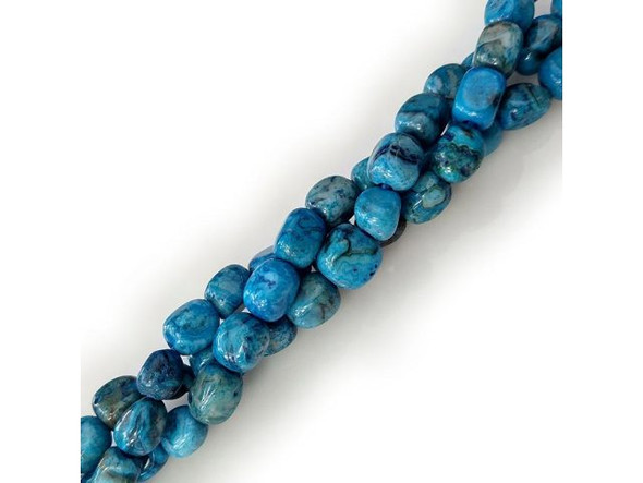 Dyed blue crazy lace agate twists and turns through "crazy" bands of of sky blue, turquoise, teal and mahogany and is a reasonably priced substitute for genuine Turquoise.  Please see the Related Products links below for similar items, and more information about this stone.