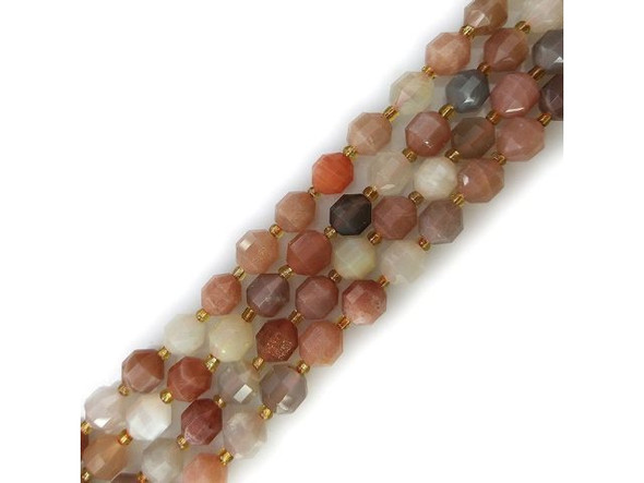 10mm Lantern Faceted Energy Tube Rainbow Golden Moonstone Gemstone Beads (strand)