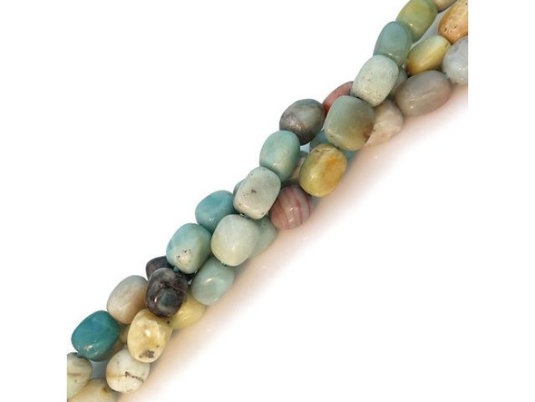 Rainbow amazonite, sometimes called black amazonite, offers a wider color range than our other semiprecious amazonite beads, displaying not just shades of pale sea-mist blue-green, but also gray, black, brown, yellow, and rust. Some of these semiprecious gemstone beads and donuts contain visible bits of sparkly pyrite, providing even more visual interest. Amazonite is believed to improve one's skin health, marriage, clarity of thought, and social interaction. Rainbow amazonite is also credited with alleviating muscle spasms, stress, and exhaustion. If you wash your amazonite beads, be sure to use lukewarm soapy water and do not use steamers, abrasives, or chemicals.  Please see the Related Products links below for similar items, and more information about this stone.