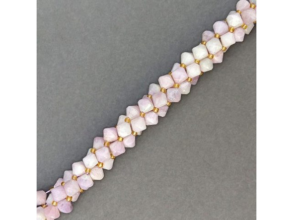 Also known as evening stone, lithia amethyst, and pink spodumene, kunzite offer a touch of pastels to our gemstone beads line. One of few naturally pink gemstones, this transparent stone is a pale-pink to lilac variety of the mineral spodumene. Similar in appearance to rose quartz and pink topaz, kunzite is strongly pleochroic, which means that its crystals display different colors when viewed by light polarized in different directions.  See Related Products links (below) for similar items and additional jewelry-making supplies that are often used with this item.