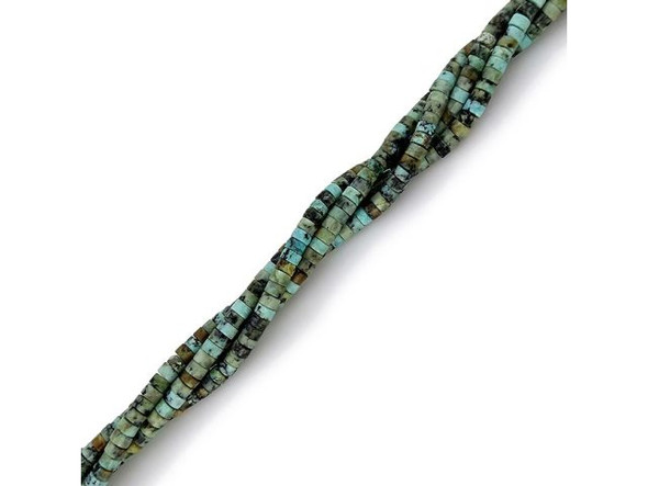 African turquoise is a descriptive name: it is not true turquoise, but actually a jasper found in Africa. These semiprecious beads have a matrix structure similar to that of turquoise, and are light bluish-green in color.  The matrix in African turquoise is usually dark or black, and African turquoise beads provide a good substitute for genuine turquoise beads. As with many semiprecious gemstones, identifying a stone accurately can be tricky!  African turquoise looks very similar to variquoise, a unique combination of variscite and turquoise found in Utah and Nevada.     See the Related Products links below for similar items, and more information about this stone.