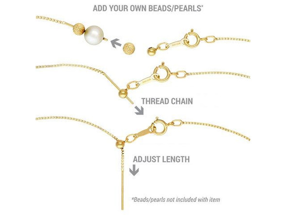 Not sure if all your beads will fit this chain? Pick up a bead reamer (battery-operated or manual), and ensure a good fit. Keep your lungs safe and always hold gemstone, shell and pearl beads underwater when cutting or sanding.     Gold fill (also called gold overlay or gold-filled) is made by using heat and pressure to apply a layer of karat gold to a base of less costly metal. This produces a surface with karat gold. The minimum layer of karat gold must equal at least 1/20 of the total weight of the item.        What's the Difference between Gold Plate and Gold Fill?    Gold fill is 50 to 100,000 times thicker than normal gold plating, and 17 to 25,000 times thicker than heavy gold electroplate (sometimes stamped 14kt HGP). For more info about GF, see About Metals which includes an illustration of the difference between gold plate and gold fill.      See Related Products links (below) for similar items and additional jewelry-making supplies that are often used with this item.  