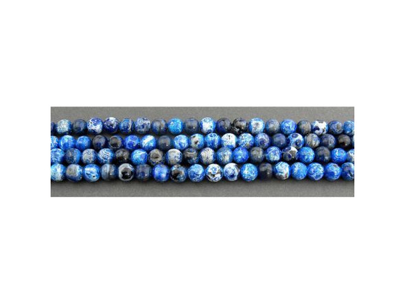 Azure Agate: Our azure agate beads are darker blue than many azure agate beads on the market. They are a vivid mix of indigo, cobalt blue, white, black, translucent gray and occasionally some red-browns. Some of the beads have dark blue or black spots like evil eye beads. Like other Fired Agate, the rich blues in these semi-precious beads are achieved via a combination of heat and dyes. The color goes great with new blue jeans, and is an economical alternative to lapis lazuli. The shades of blues found in strands of azure agate can be used for either the throat chakra or brow chakra (or, for classic WOW players, completing a quest in the Arathi Highlands).   See the Related Products links below for similar items, and more information about this stone.