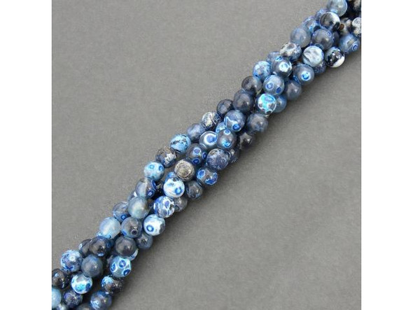 Azure Agate: Our azure agate beads are darker blue than many azure agate beads on the market. They are a vivid mix of indigo, cobalt blue, white, black, translucent gray and occasionally some red-browns. Some of the beads have dark blue or black spots like evil eye beads. Like other Fired Agate, the rich blues in these semi-precious beads are achieved via a combination of heat and dyes. The color goes great with new blue jeans, and is an economical alternative to lapis lazuli. The shades of blues found in strands of azure agate can be used for either the throat chakra or brow chakra (or, for classic WOW players, completing a quest in the Arathi Highlands).   See the Related Products links below for similar items, and more information about this stone.