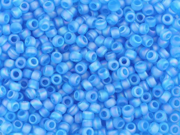 TOHO Glass Seed Bead, Size 8, 3mm, Transparent-Rainbow Frosted Dk Aquamarine (Tube)