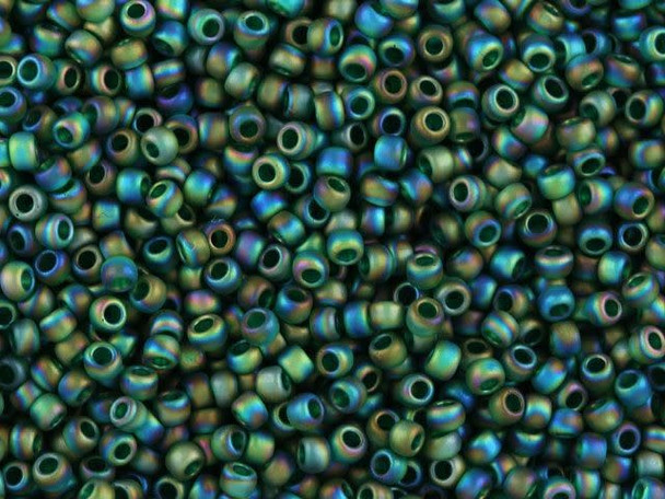 TOHO Glass Seed Bead, Size 11, 2.1mm, Transparent-Rainbow Frosted Green Emerald (Tube)