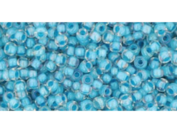 TOHO Glass Seed Bead, Size 11, 2.1mm, Inside-Color Luster Crystal/Opaque Aqua-Lined (Tube)