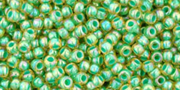 TOHO Glass Seed Bead, Size 11, 2.1mm, Inside-Color Rainbow Lt Jonquil/Mint-Lined (tube)