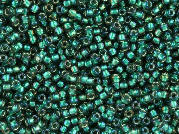 TOHO Glass Seed Bead, Size 11, 2.1mm, Inside-Color Crystal/Prairie Green-Lined (Tube)