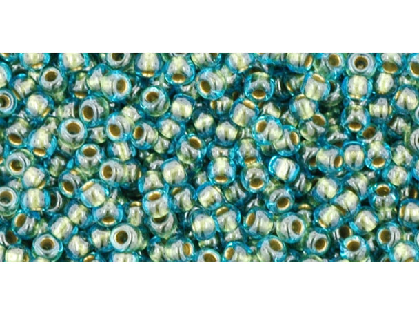 TOHO Glass Seed Bead, Size 11, 2.1mm, Inside-Color Aqua/Gold-Lined (Tube)
