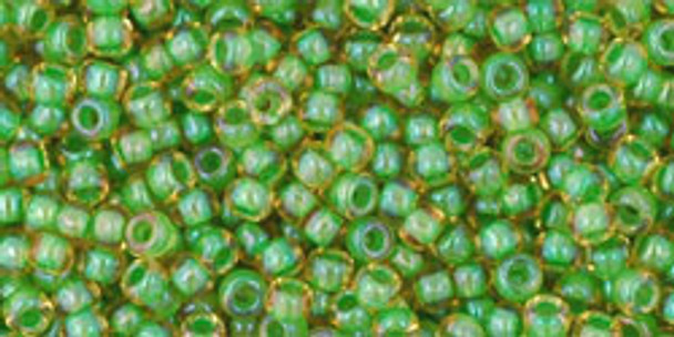 TOHO Glass Seed Bead, Size 11, 2.1mm, Inside-Color Topaz/Opaque Green-Lined (tube)