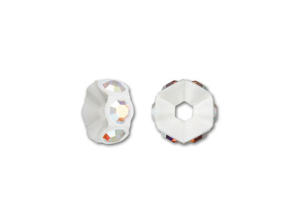 Premium iridescent shimmer will enhance all of your designs when you use this PRESTIGE Crystal Components rondelle with Crystal AB crystals. This bead from PRESTIGE Crystal Components features six iridescent crystals set in white plastic encircling the stringing hole in the center of the bead. The crystals' conical shapes joined together create a hexagonal bead that appears to have a starburst pattern. These beautiful crystals shimmer with purple, pink, green, yellow and blue tones. Use these beads as spacers in between pearls to create sparkling accents that will bring out the luminescence of the pearls. These rondelles are a great way to add more PRESTIGE Crystal Components sparkle to your designs.Sold in increments of 6