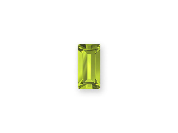 Let vibrant green fill your designs with this PRESTIGE Crystal Components fancy stone in Citrus Green. This stone features rectangular baguette shape. The front features traditional facets that highlight the beautiful shape and color wonderfully. The back is foiled and almost comes to a point, giving a lot of area for light to reflect within the stone. You can embed this stone into epoxy clay, use it in a setting, seed bead around it, and more. It does not have a stringing hole, so get creative.Sold in increments of 24